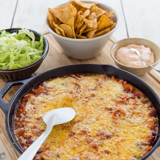 Vegetable and Bean Nachos with Tomato Sour Cream