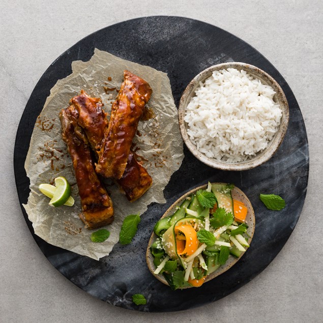 Hoisin Glazed Pork Ribs with Coconut Rice and Asian Slaw 
