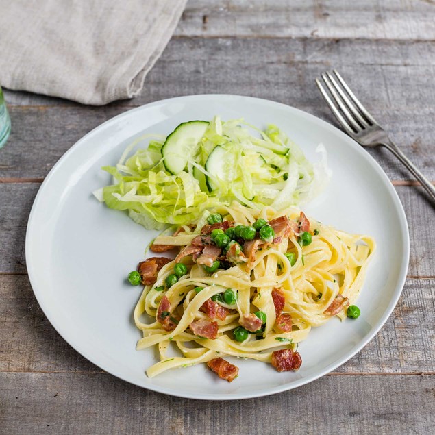 Pasta Carbonara with Peas and Salad
