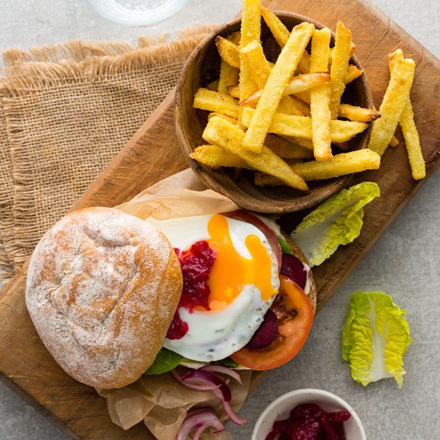 Kiwi Egg Burger with Beetroot Relish and Polenta Crusted Fries