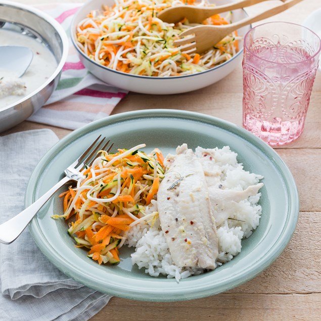 Thai Coconut Poached Fish with Jasmine Rice and Salad