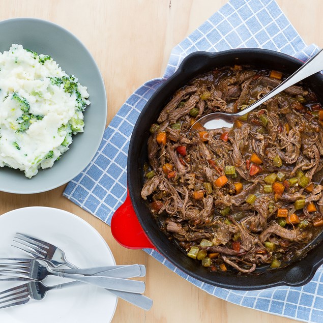 Braised Beef Flank with Broccoli and Potato Smash