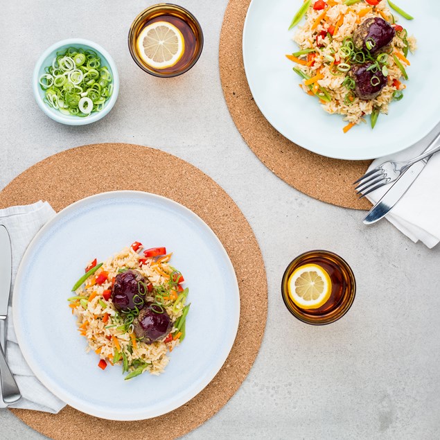 BBQ Plum-Glazed Venison Meatballs with Asian Rice Salad