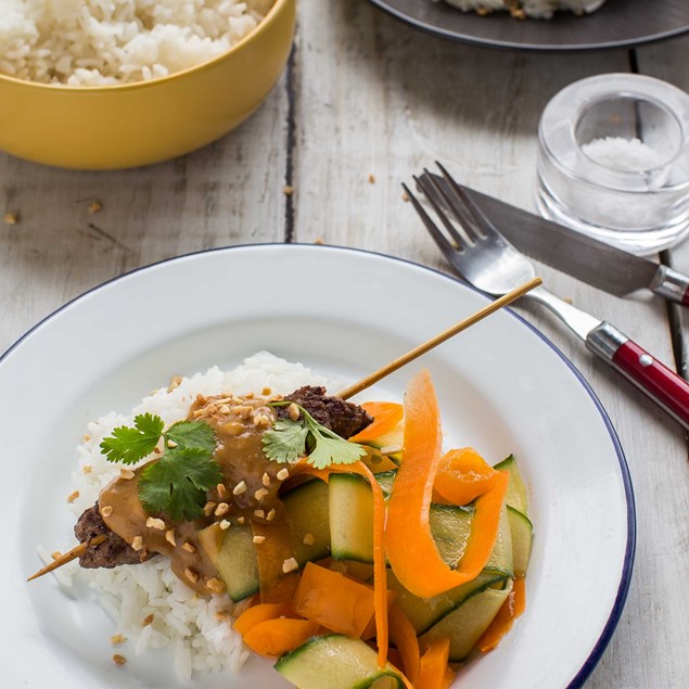 Satay Beef Skewers with Coconut Rice and Ribbon Salad