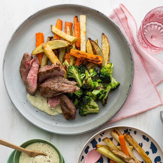 Beef Steak with Chips, Béarnaise & Charred Broccoli