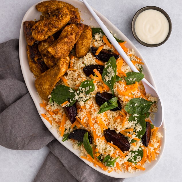 Lebanese Chicken with Couscous, Pomegranate & Toum