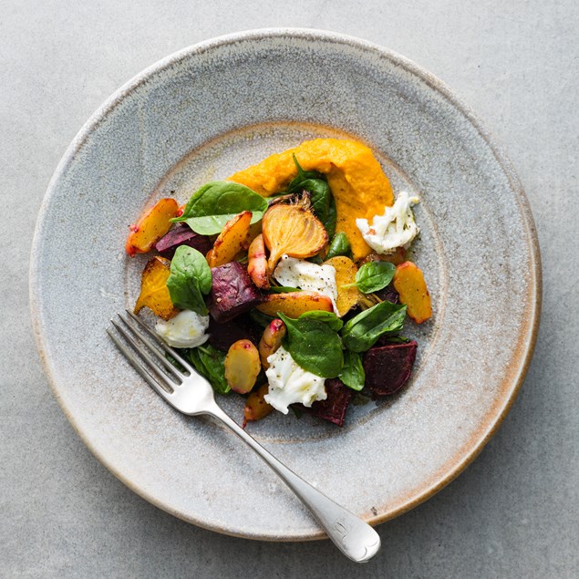 Fresh Mozzarella with Spiced Carrot Purée and Purple Dawn Kumara