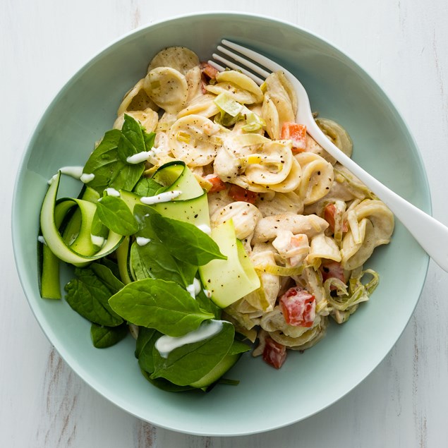 Creamy Chicken Pasta with Spinach Feta Salad