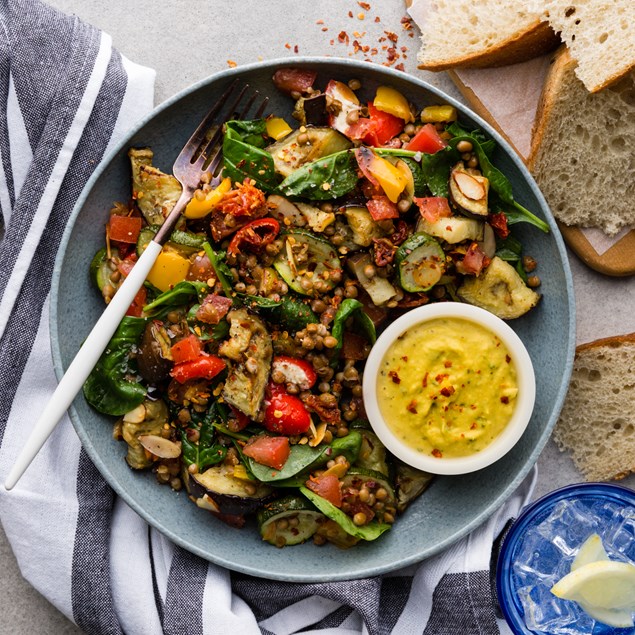 Eggplant Tricolore Salad with Focaccia & Kumara Dip
