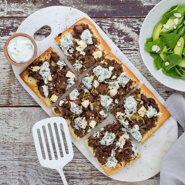 Pulled Lamb Pizza with Tzatziki and Baby Spinach Salad