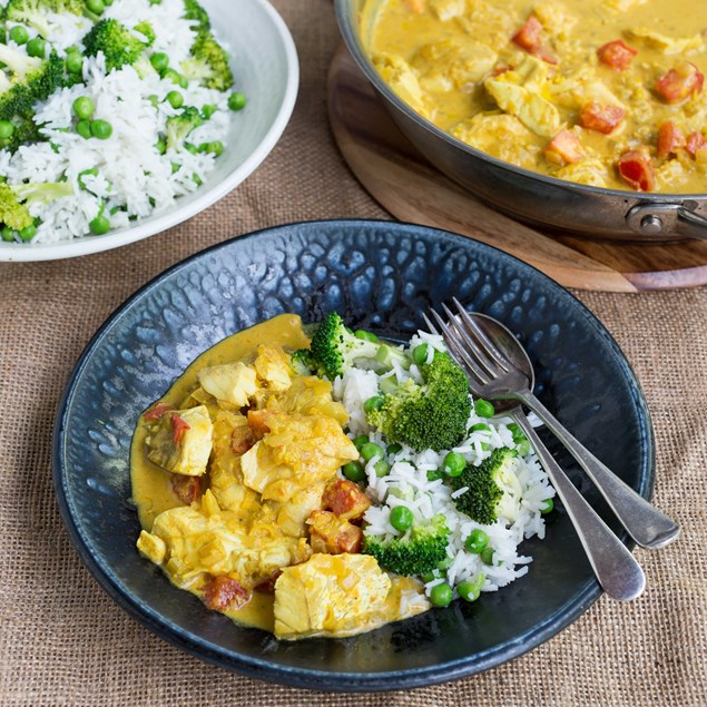 Lemongrass Curry Poached Fish with Brocolli and Pea Rice
