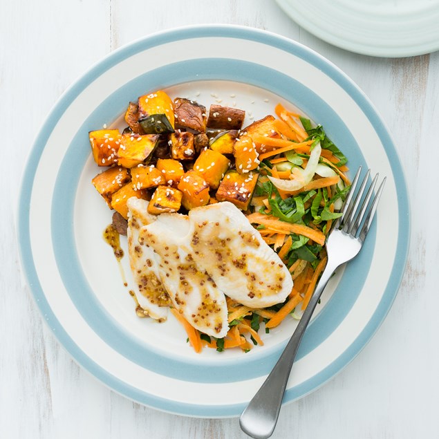 Honey Mustard Chicken with Pumpkin and Kumara