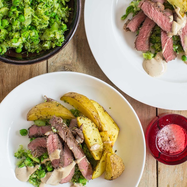 Rosemary Marinated Beef Rump with Wedges, Broccoli-Pea Smash and Aoli
