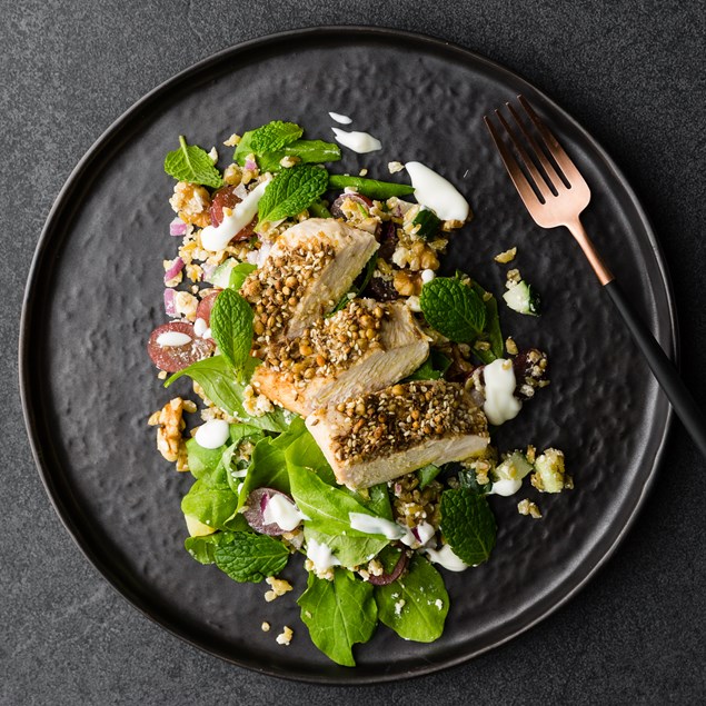 Dukkah Crusted Chicken with Grape Freekeh Salad