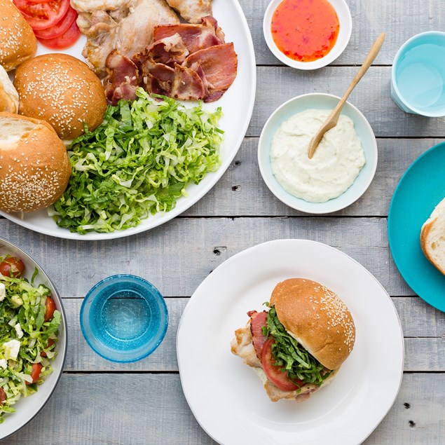 Chicken, Bacon and Avocado Burgers with Salad