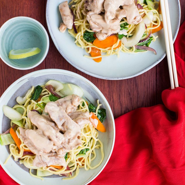 Chicken Satay with Stir-Fry Vegetables and Noodles
