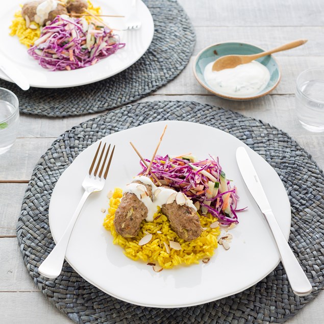 Pork Kofta with Yellow Rice and Apple Slaw