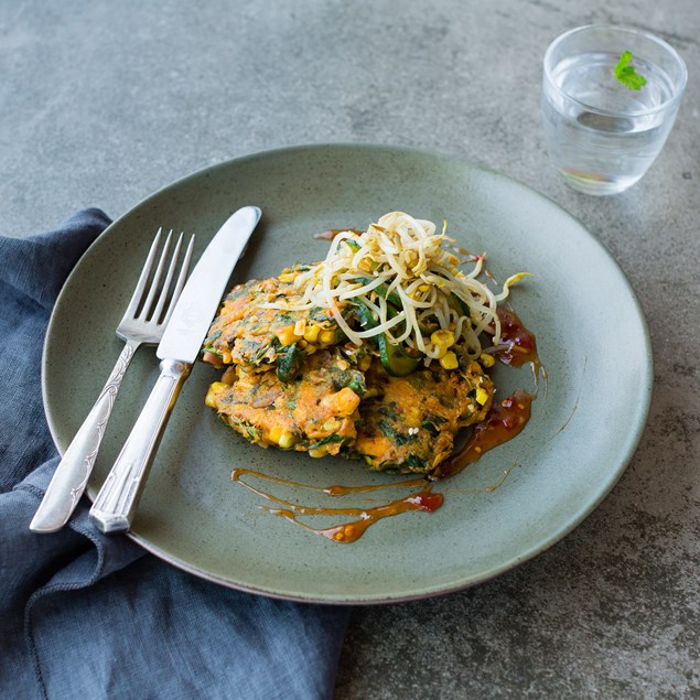 Sweetcorn and Kimchi Fritters with Mung Bean Salad