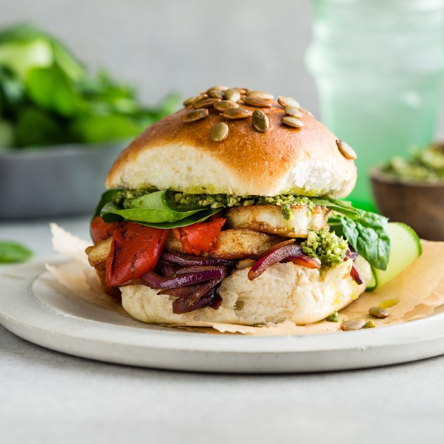 Haloumi Burgers with Beetroot Relish and Basil Pesto 