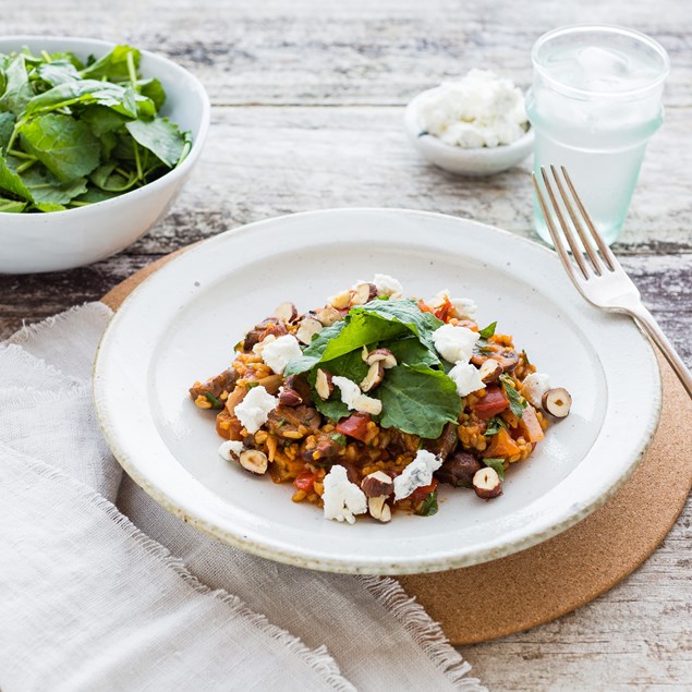 Mushroom and Freekeh Fricassée with Goat's Cheese and Hazelnuts