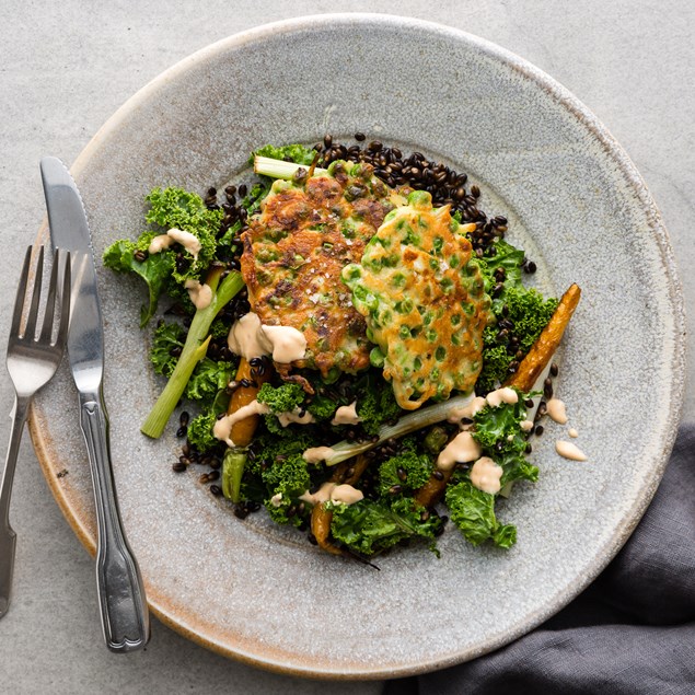 Crushed Pea and Feta Fritters with Roasted Baby Carrot Salad
