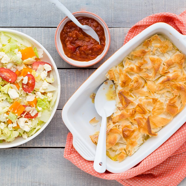 Bacon and Egg Filo Pie with Salad and Tomato Relish