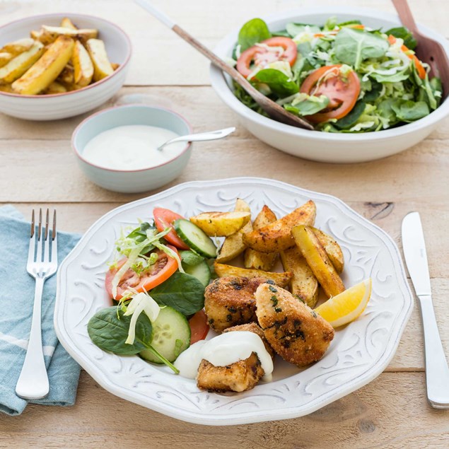 Herb-Crusted Chicken Nuggets with Cajun Chips, Salad and Yoghurt Mayo