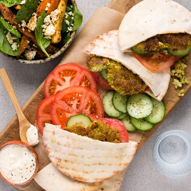 Falafel Pita Pockets with Roast Veggies and Hummus