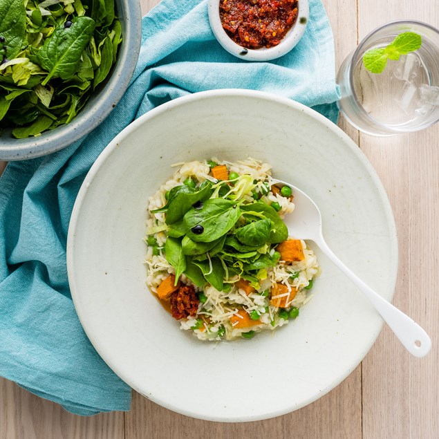 Pea and Pumpkin Risotto with Sundried Tomato Pesto 
