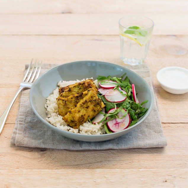 Lemongrass Pork with Radish Mint Salad and Coconut Rice