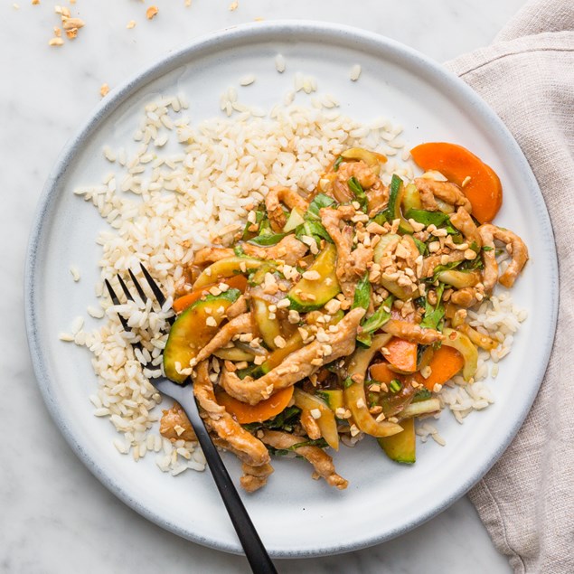 Huli Huli Pork Nuggets with Brown Rice and Peanuts