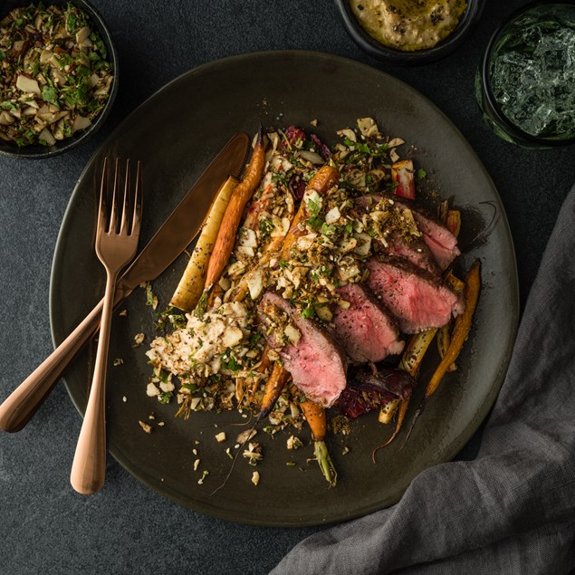 Pomegranate Glazed Te Mana Lamb with Roasted Baby Carrots & Almond Salsa