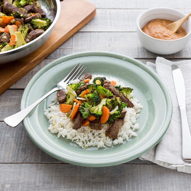 Satay Beef Stir-Fry with Sticky Lemon Ginger Rice