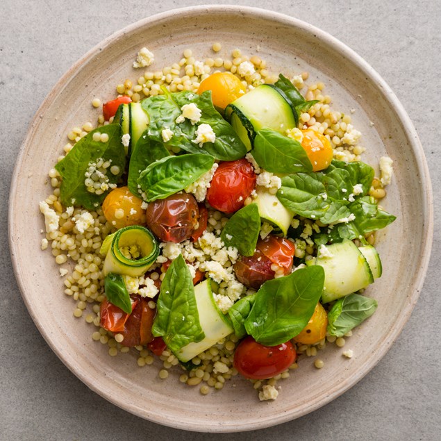 Warm Mediterranean Salad with Pearl Couscous and Pesto