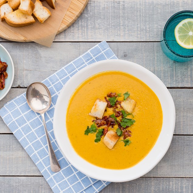 Korma Soup with Crispy Bacon and Croutons