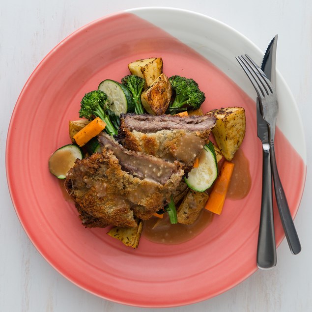 Crumbed Beef Schnitzel with Crispy Potatoes and Gravy