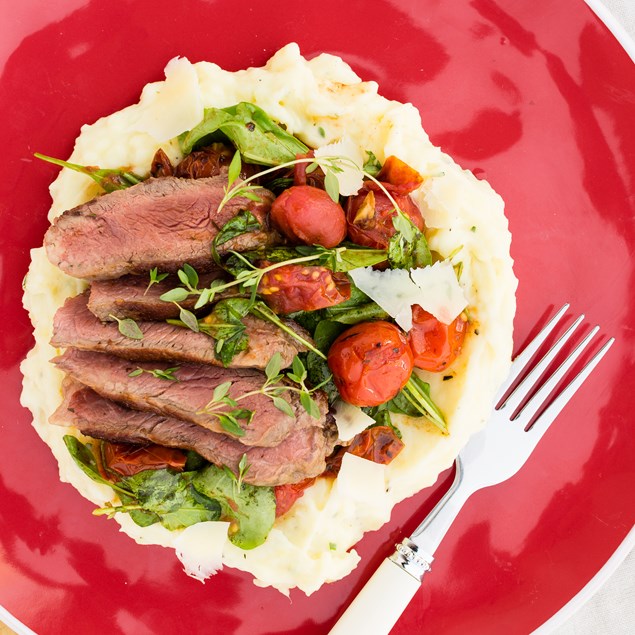 Beef with Balsamic Tomatoes and Parmesan Thyme Mash