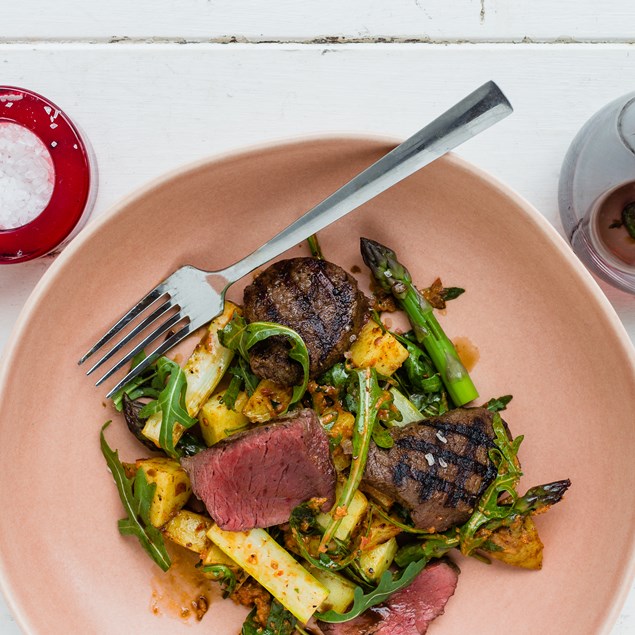 Seared Venison with Asparagus, Rocket and Sicilian Potatoes