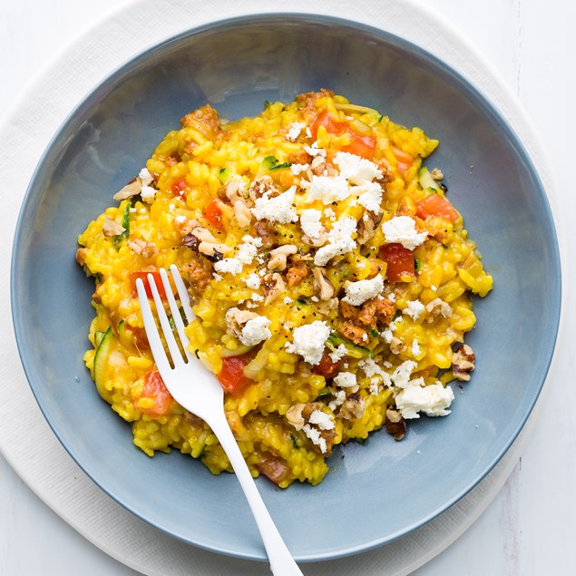 Chorizo & Saffron Risotto with Walnuts and Feta