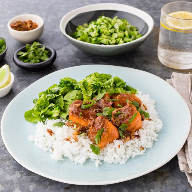 Ca Kho To Salmon with Coconut Rice and Mustard Choy