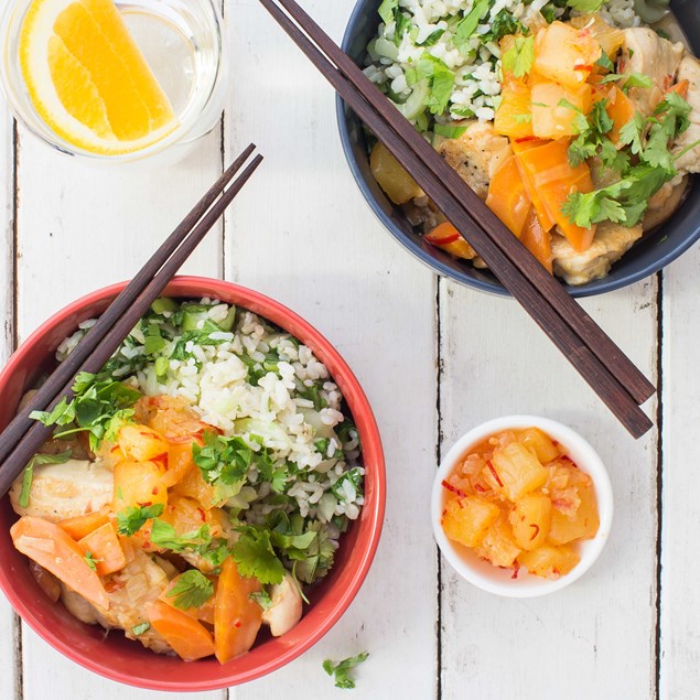 Lemon and Coconut Chicken with Bok Choy Brown Rice and Pineapple Chilli Relish