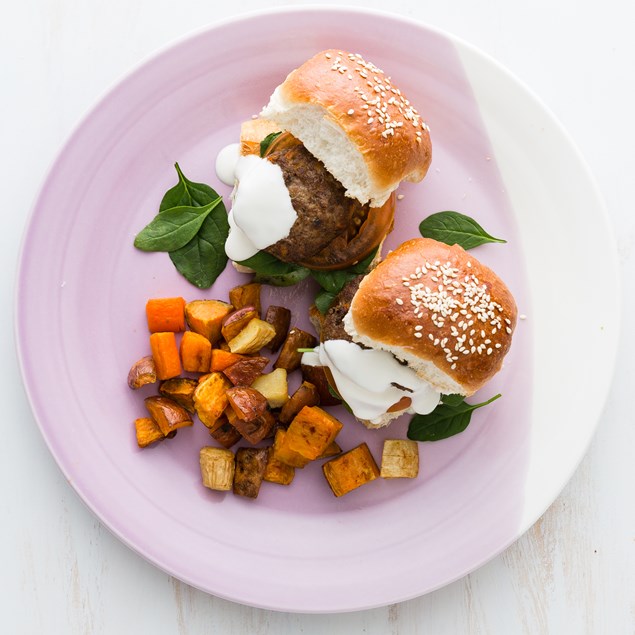 Mini Lamb Burgers with Roast Veggies