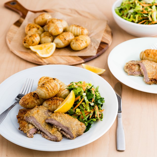 Beef Schnitzel with Hasselback Potatoes and Crunchy Salad
