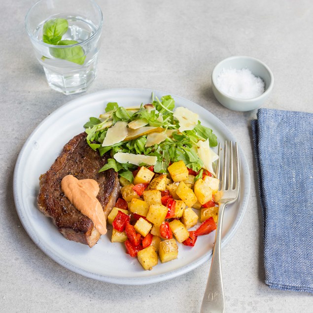 Steak and Smoky Roasties with Rocket, Pear and Parmesan Salad