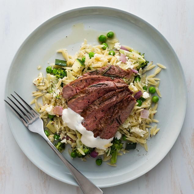 Herbed Lamb Leg with Pea and Feta Orzo 