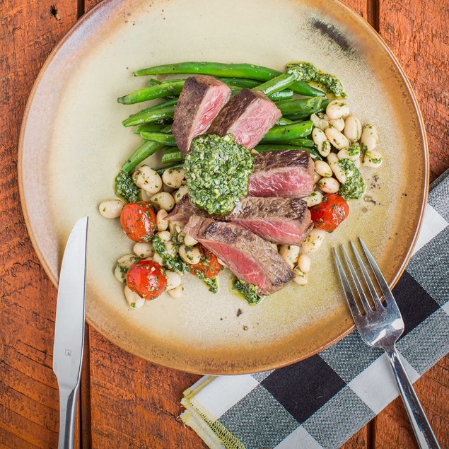 Beef with Salsa Verde, Scorched Cherry Tomatoes and Beans