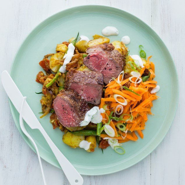 Beef Sirloin Steaks with Bombay Potatoes and Carrot Relish