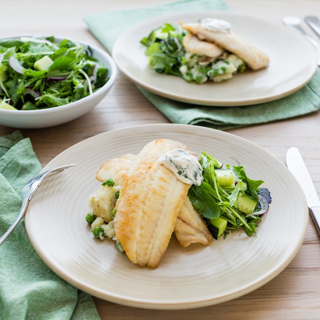 Fish with Green Pea Potato Smash and Basil Mayonnaise
