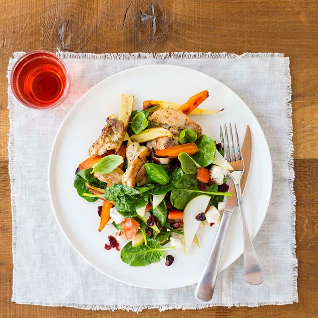 Lemon Pepper Chicken, Root Vegetables and Cranberry, Walnut and Silverbeet Salad