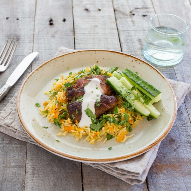 Moroccan Spiced Lamb Rump Steaks with Carrot Spinach Rice and Lemon Yoghurt Sauce